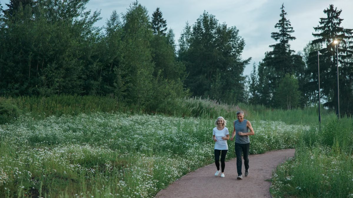 Senior couple jogging on a scenic park path surrounded by greenery.